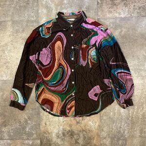 frnch y2k brown cord colorful retro 70s swirl 100% cotton button up size large